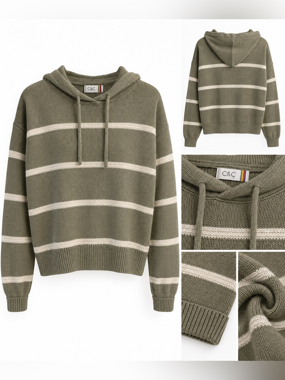 C&C CALIFORNIA | Linen Olive & White Striped Knit Hoodie Sweater